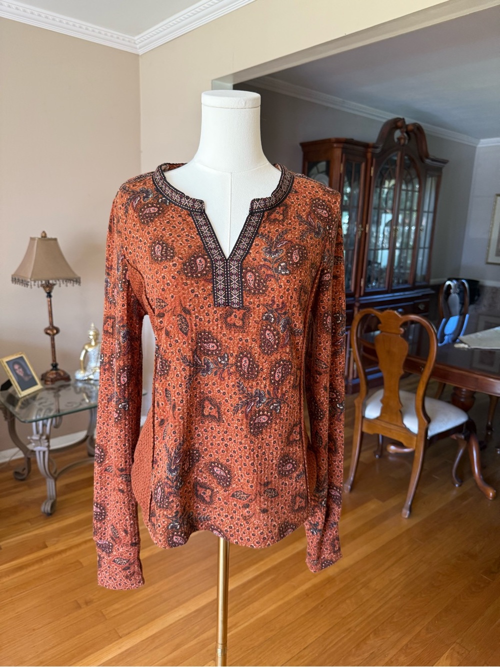 Vintage boho/indie DR2 Rust Paisley Long-Sleeve Tunic Top